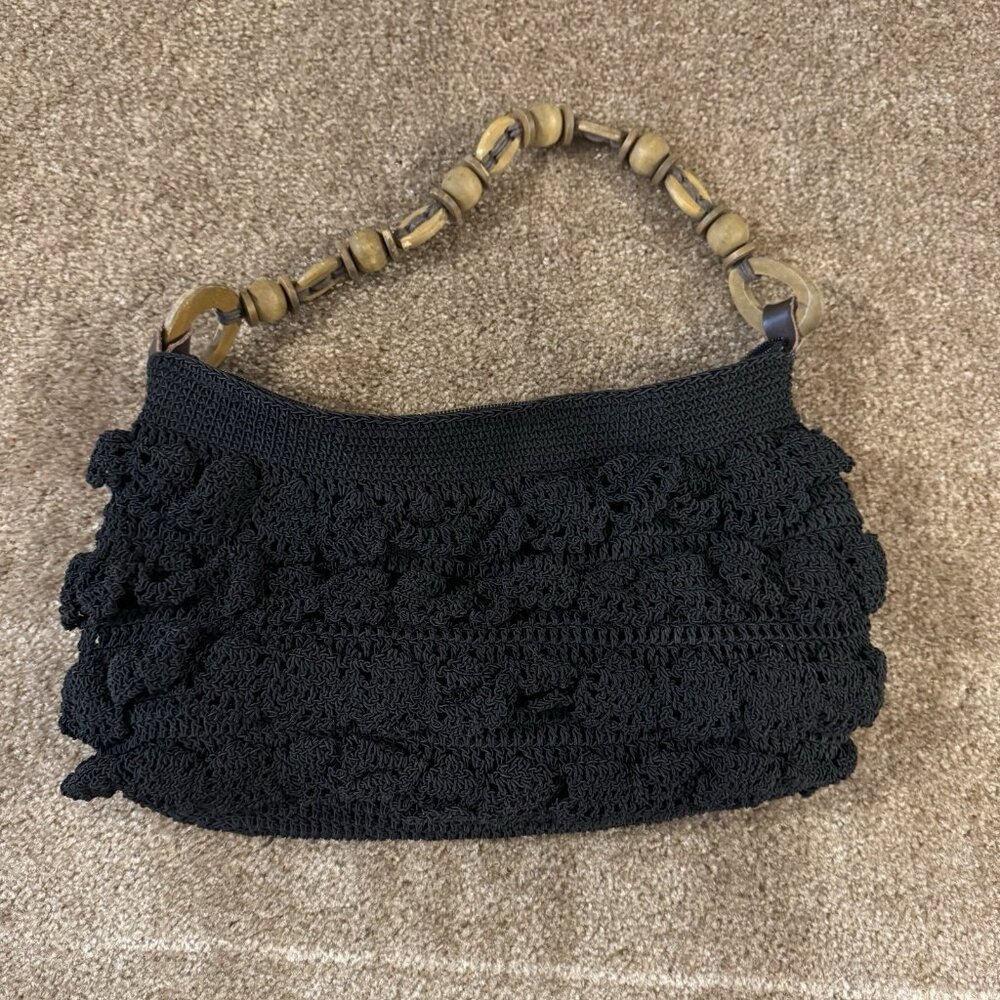 Cappelli Black Crochet Shoulder Bag With Wooden Beaded Handle Lined Interior & Z